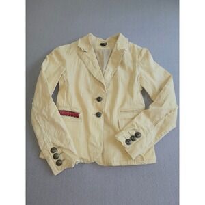 Aziz Blazer Womens Medium Yellow Distressed Boho Beaded Back Embroidered Jacket